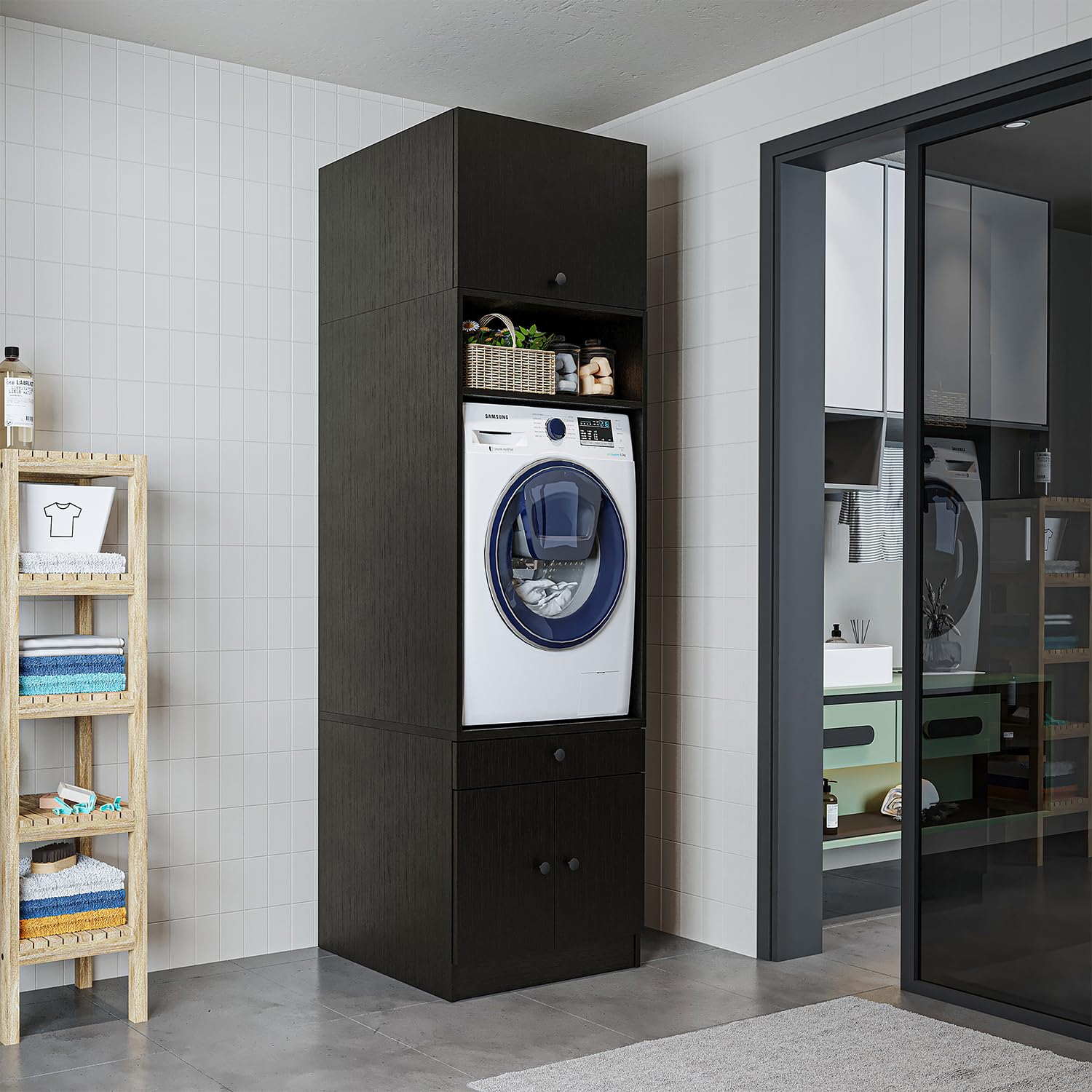 roomart-waschmaschinenschrank-waschturm-230-cm-schwarz-eiche-mit-ausziehplatte-s image 3