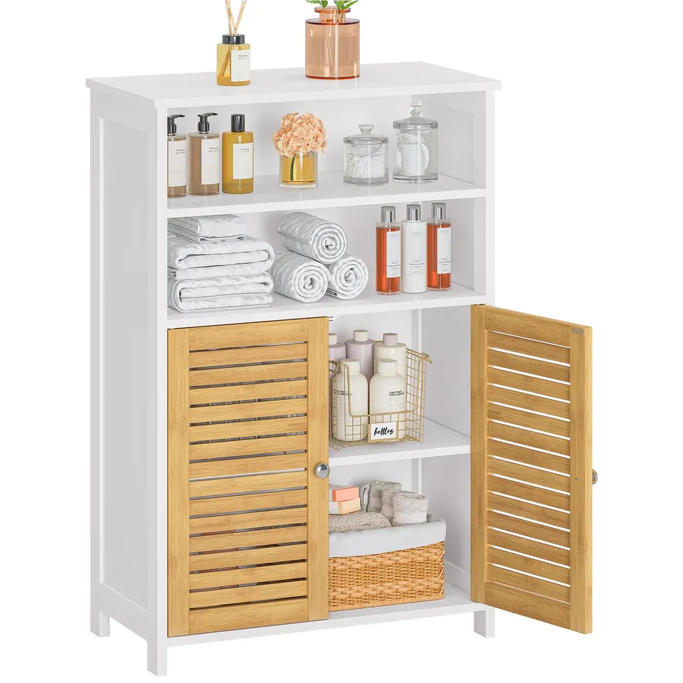 forabamb-badezimmerschrank-mit-doppelt-ren-aus-bambus-2-offene-f-cher-60x30x100- image 1