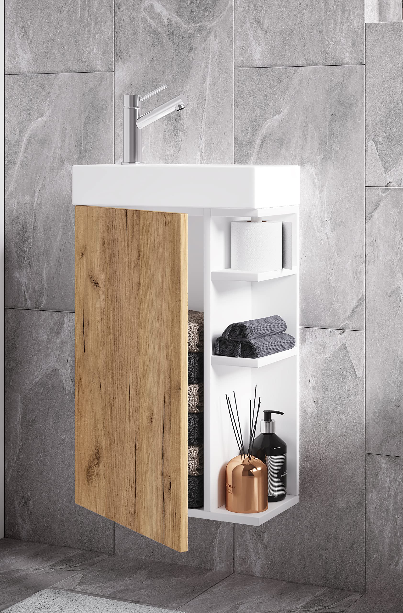 vcm-waschtisch-wei-honig-eiche-40x70-cm-1-t-r-4-f-cher-mit-keramikwaschbecken image 2