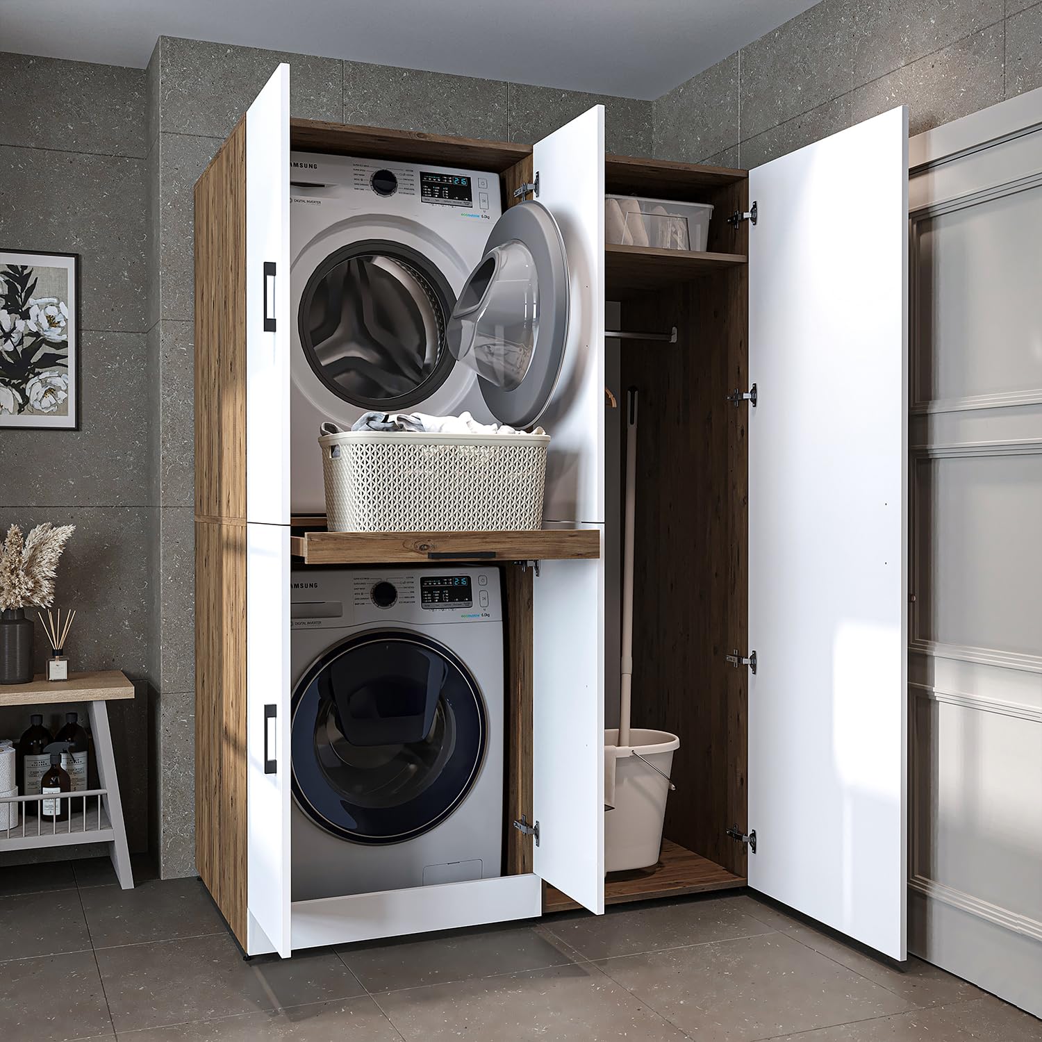 roomart-dora-waschmaschinenschrank-set-130-cm-f-r-trockner-waschmaschine-mit-t-r image 1