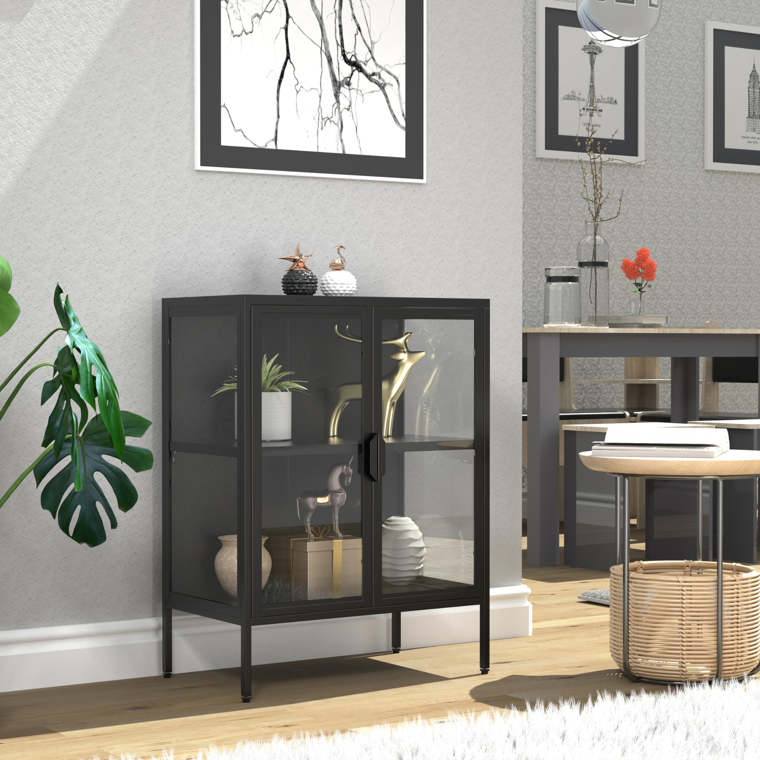 vcm-floka-standvitrine-schwarz-60x35x80-cm-2-t-ren-2-f-cher-stahl-glas-pr-sentat image 3