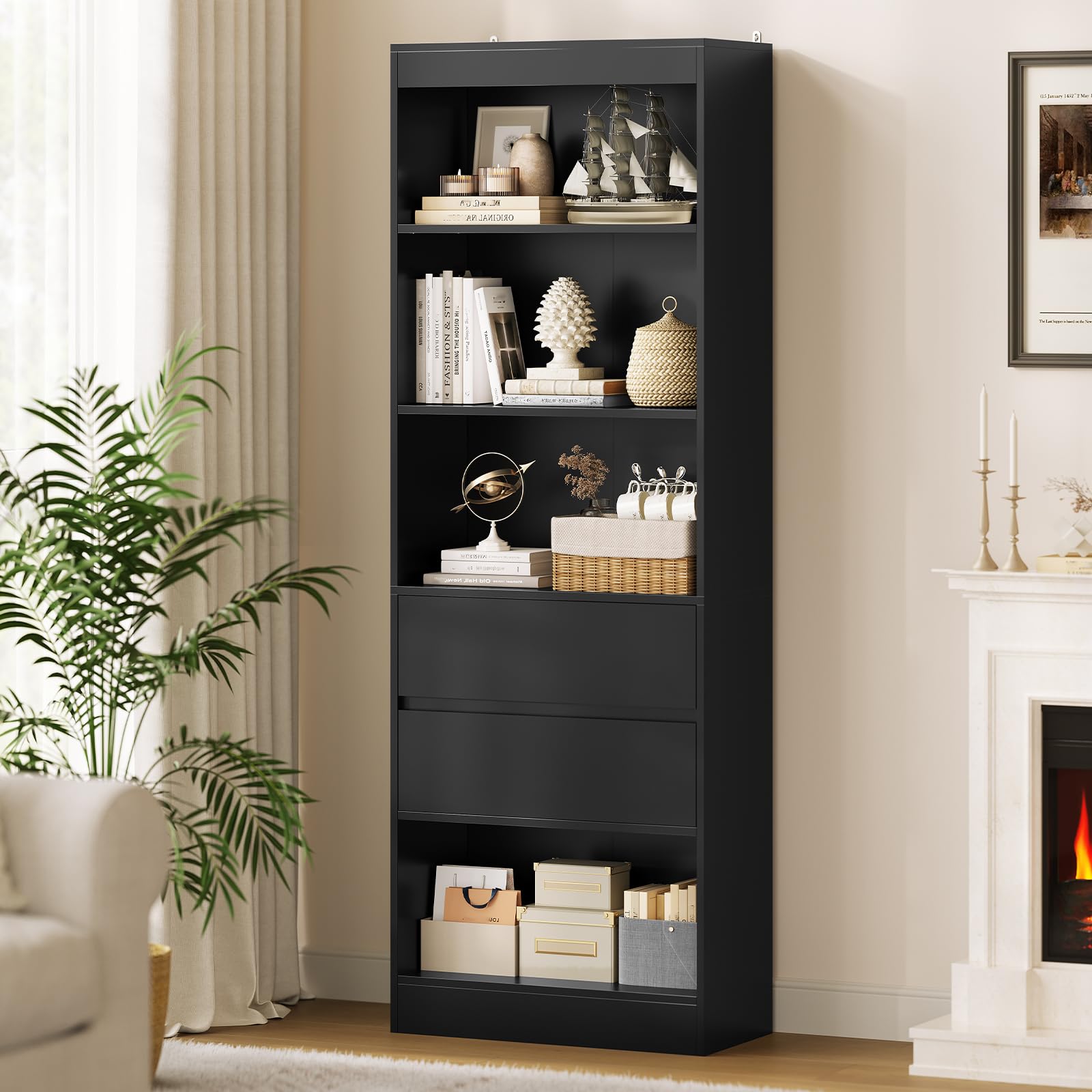 forabamb-b-cherregal-schwarz-180x60x24-cm-hochschrank-mit-2-schubladen-und-4-ver image 7