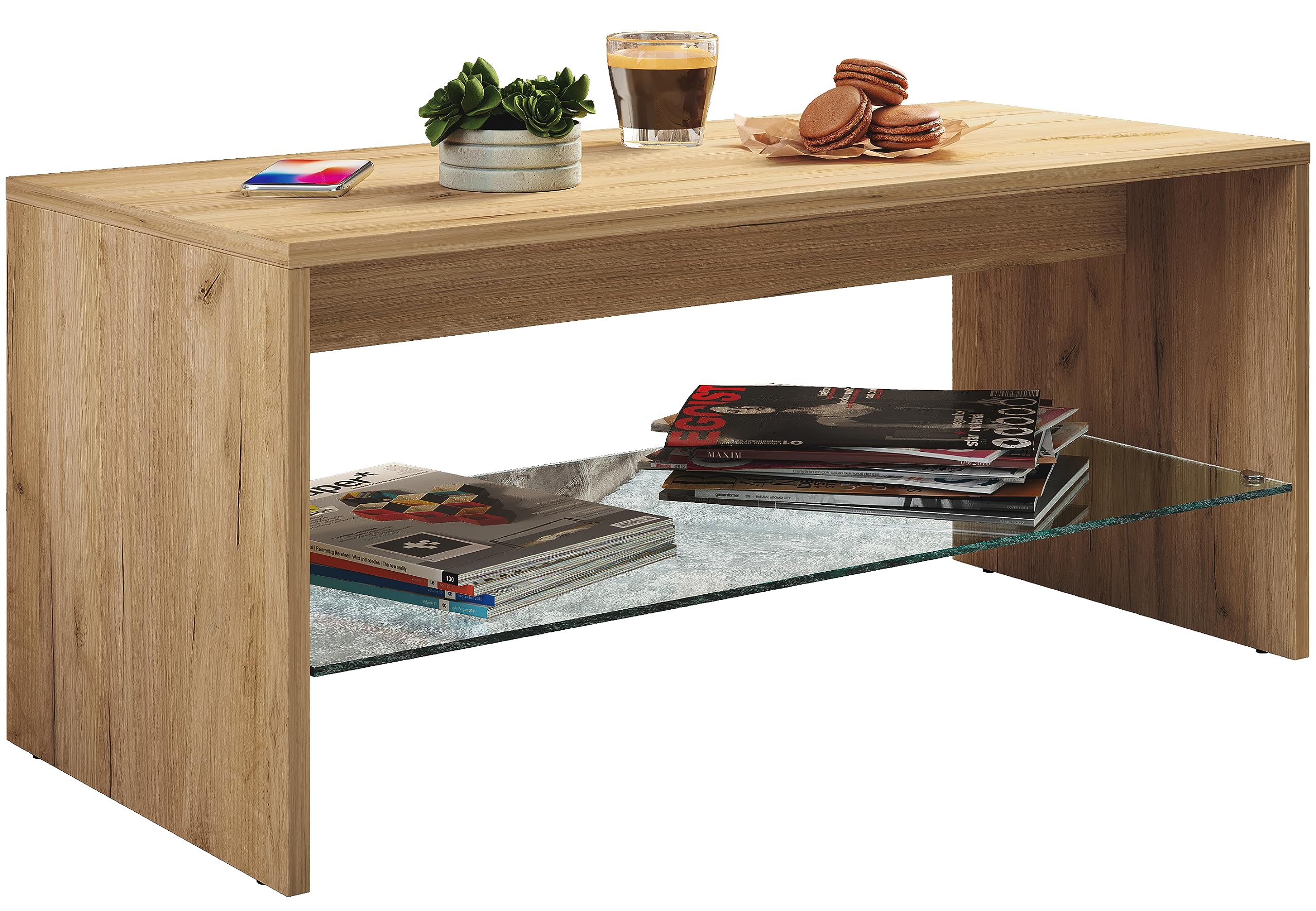 vcm-couchtisch-honig-eiche-90x40x40-cm-1-glasfach-holzwerkstoff-wohnzimmer image 1