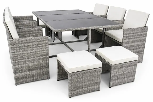 vcm-raloso-9-teiliges-gartenm-bel-set-rattan-1-tisch-6-st-hle-2-hocker-glasplatt image 1