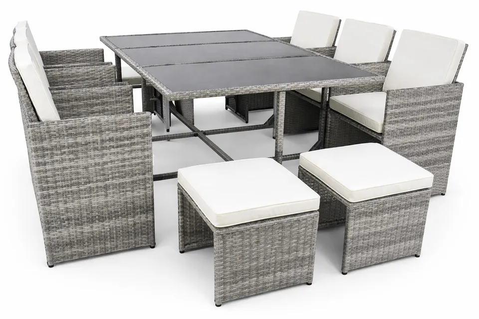 vcm-raloso-9-teiliges-gartenm-bel-set-rattan-1-tisch-6-st-hle-2-hocker-glasplatt image 1