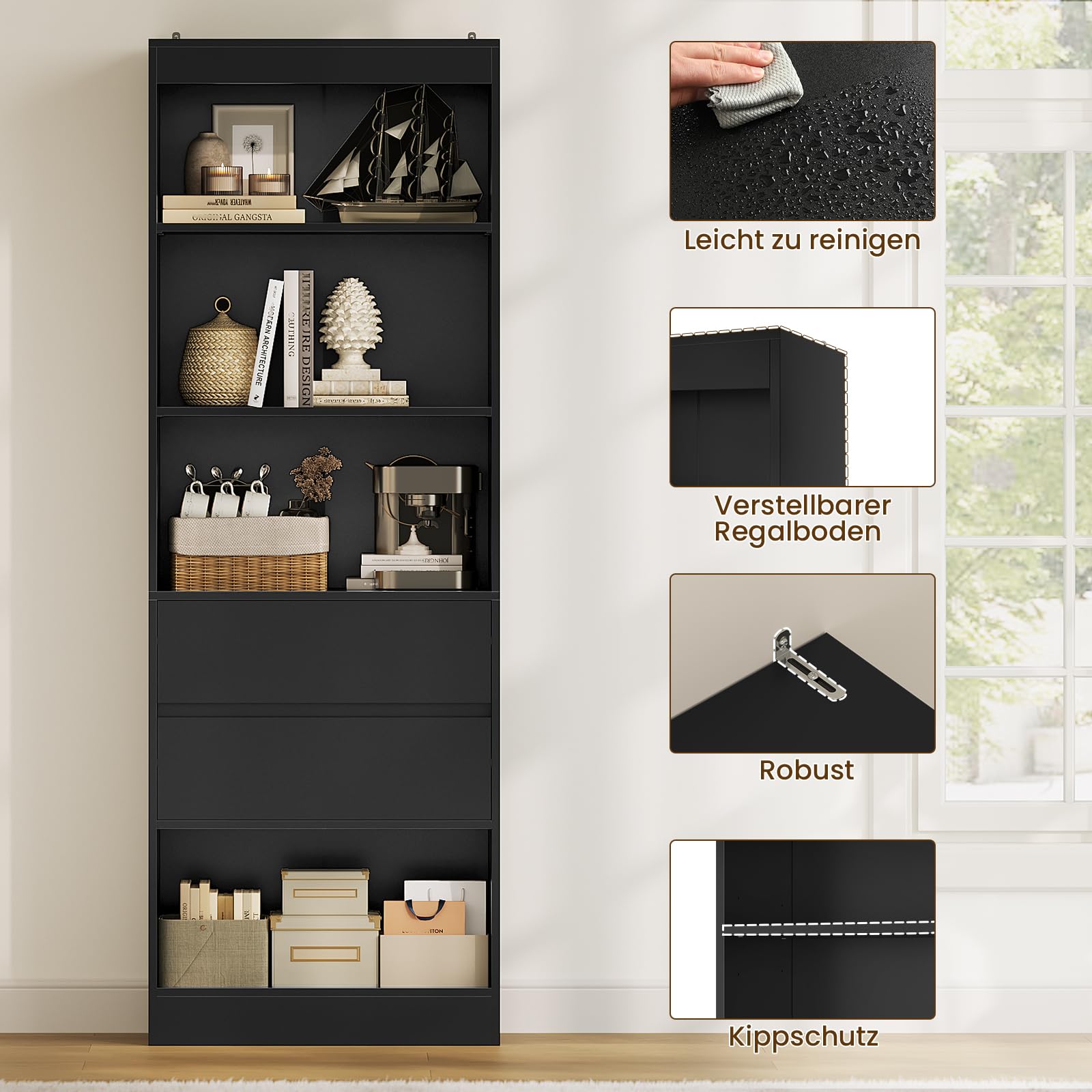 forabamb-b-cherregal-schwarz-180x60x24-cm-hochschrank-mit-2-schubladen-und-4-ver image 6