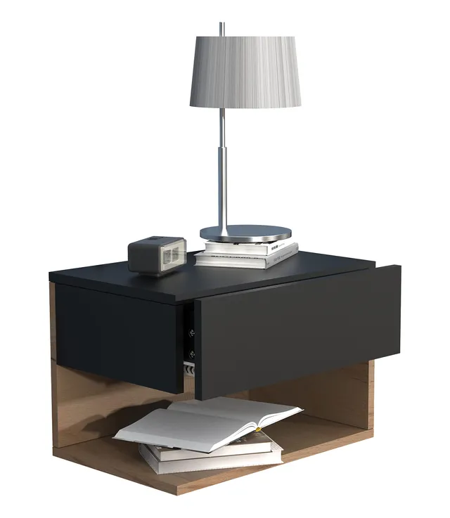 vcm-nachttisch-schwarz-honig-eiche-45x32x30-cm-1-schublade-1-fach-wandmontage image 1