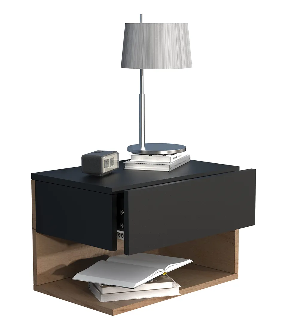 vcm-nachttisch-schwarz-honig-eiche-45x32x30-cm-1-schublade-1-fach-wandmontage image 1
