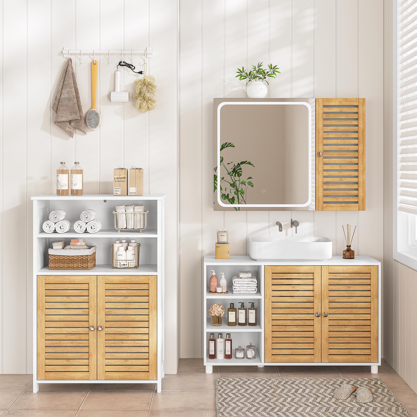 forabamb-badezimmerschrank-mit-doppelt-ren-aus-bambus-2-offene-f-cher-60x30x100- image 6
