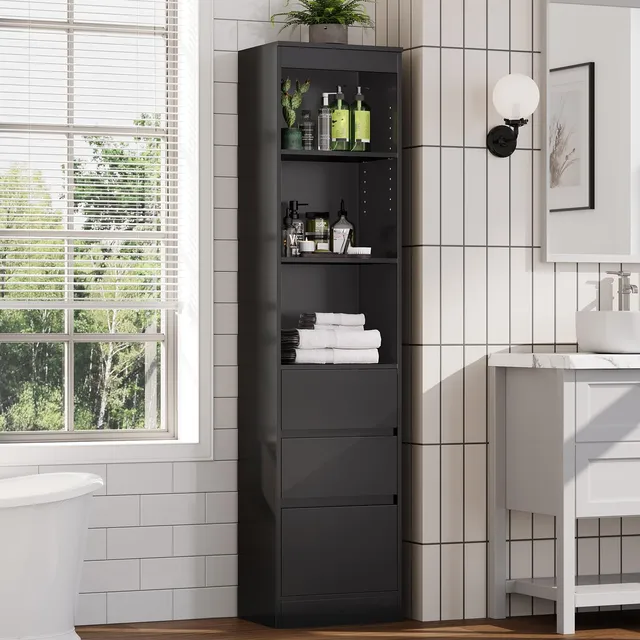 forabamb-badezimmerschrank-hochschrank-schwarz-180x40x30-cm-mit-3-schubladen-und image 1