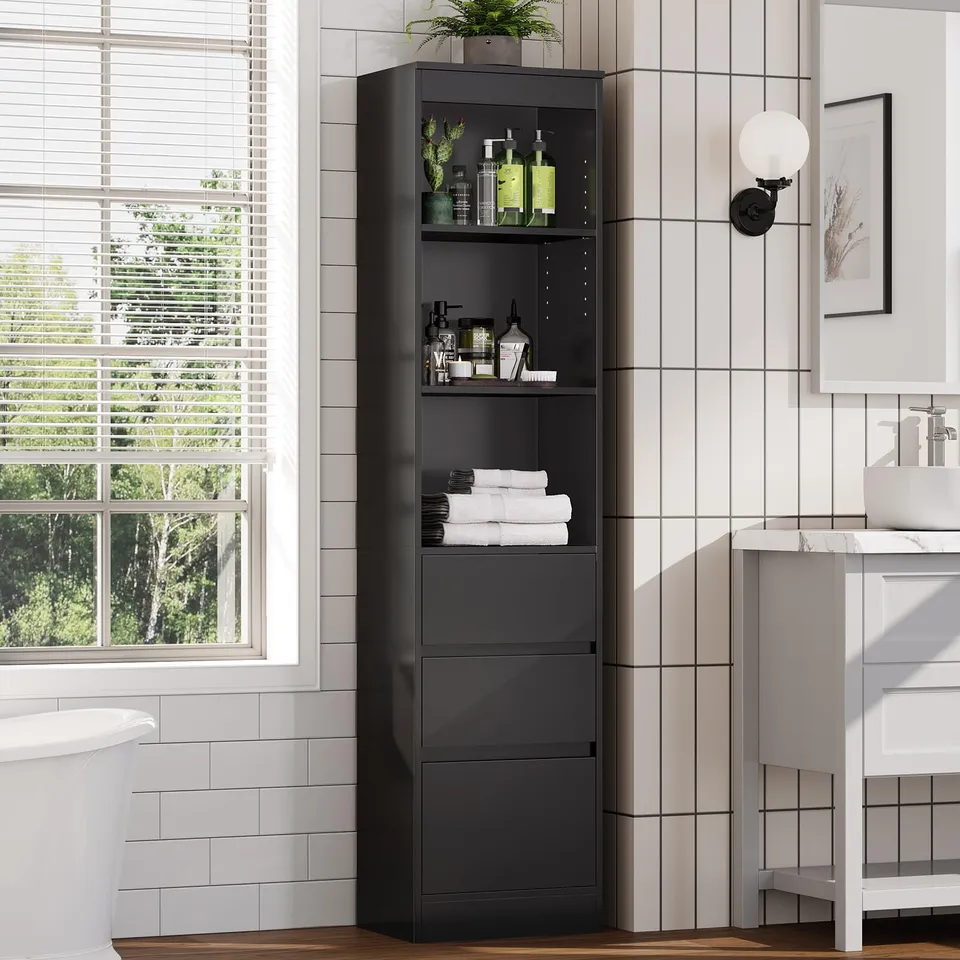 forabamb-badezimmerschrank-hochschrank-schwarz-180x40x30-cm-mit-3-schubladen-und image 1