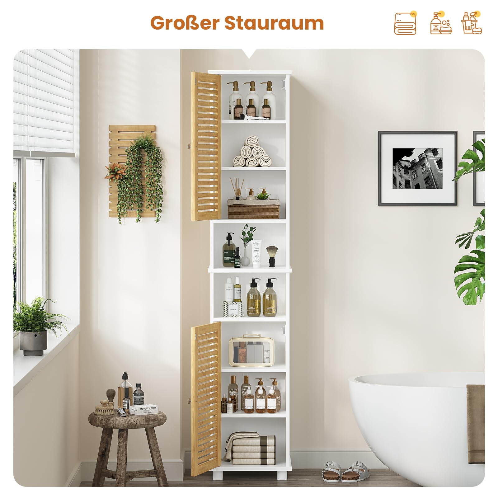 forabamb-badezimmer-hochschrank-badschrank-mit-2-bambust-ren-2-offenen-f-chern-3 image 2