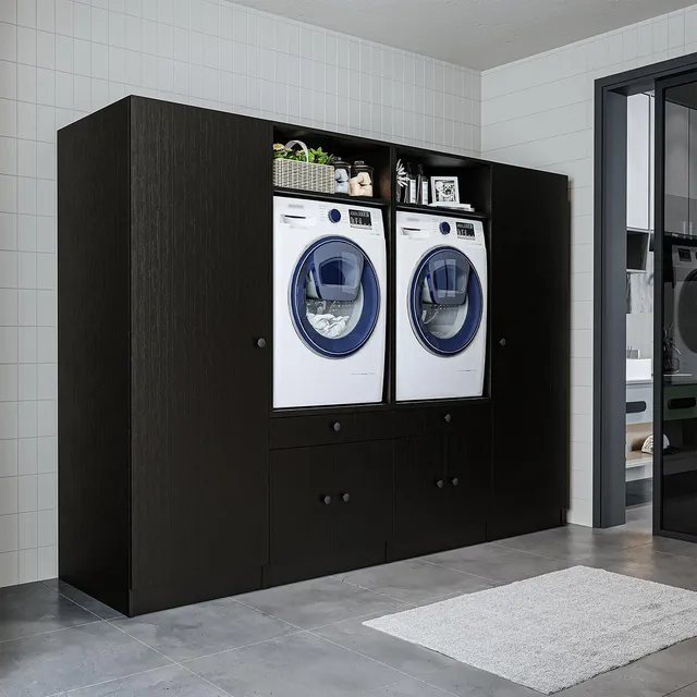 roomart-schrankwand-f-r-waschk-che-hauswirtschaftsraum-254-cm-breit-schwarz-eich image 1