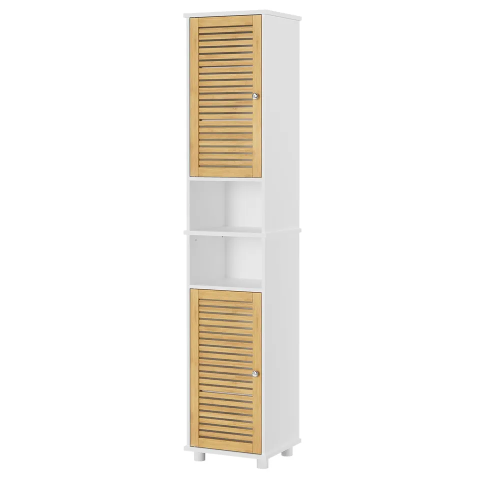 forabamb-badezimmer-hochschrank-badschrank-mit-2-bambust-ren-2-offenen-f-chern-3 image 1