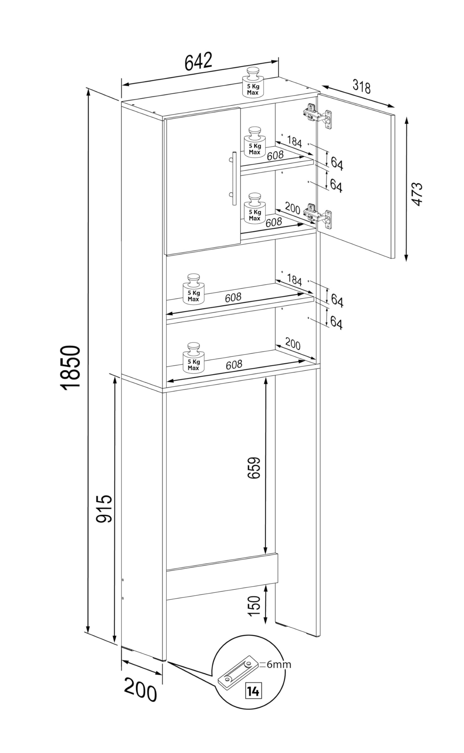 vcm-badm-bel-waschmaschinenschrank-wei-honig-eiche-64x25x190-cm-2-t-ren-5-f-cher image 3