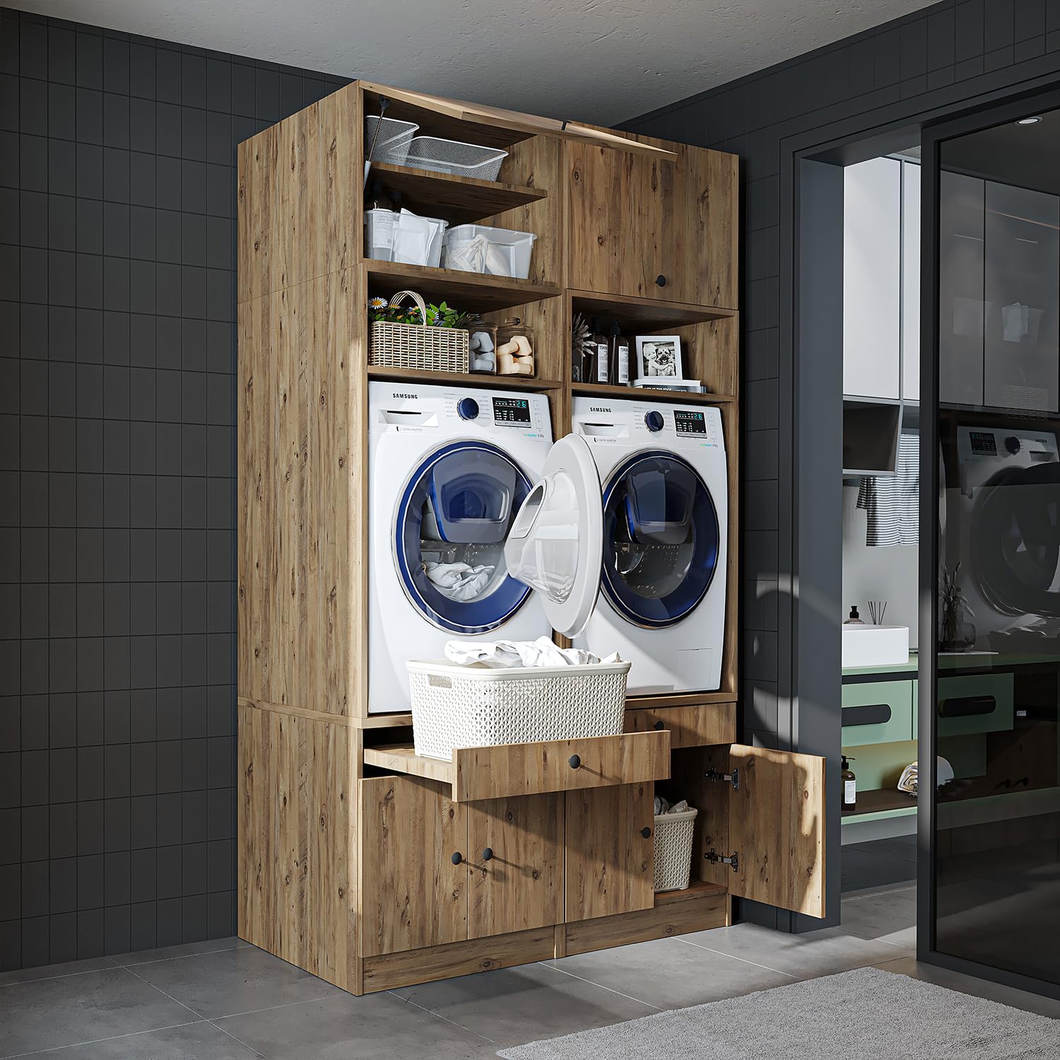 roomart-waschmaschinenschrank-mit-ausziehplatte-schublade-eiche-1-schrank-mit-sc image 8