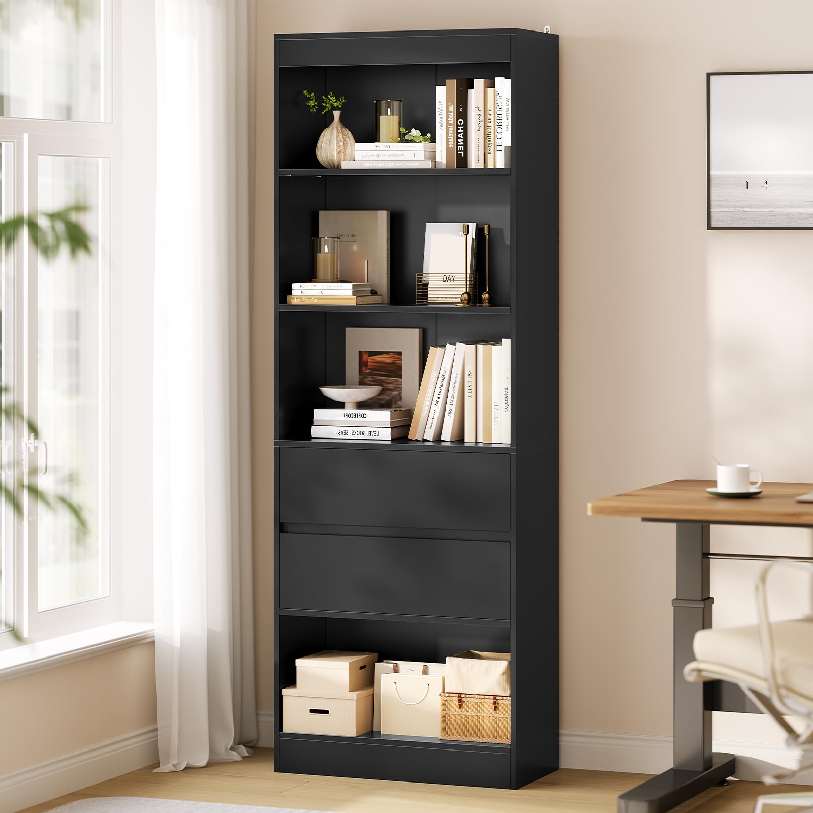 forabamb-b-cherregal-schwarz-180x60x24-cm-hochschrank-mit-2-schubladen-und-4-ver image 2