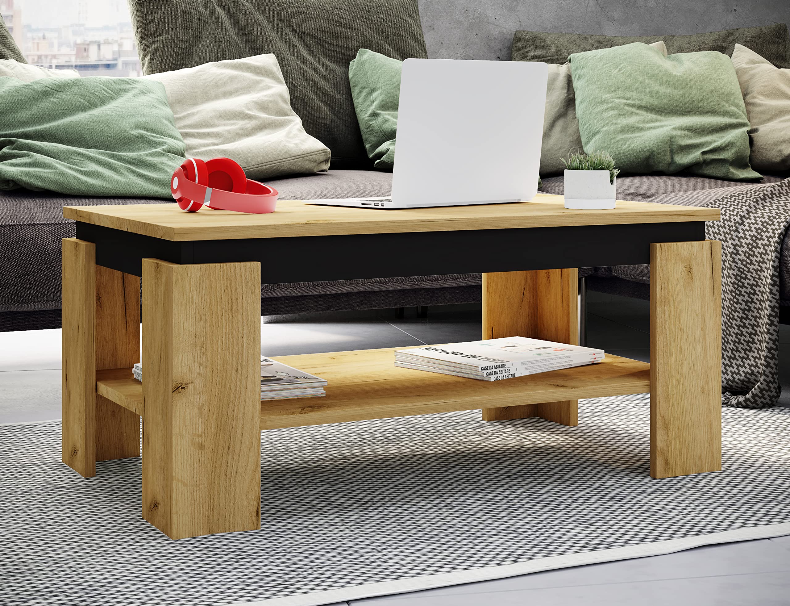 vcm-beistelltisch-honig-eiche-schwarz-90-x-53-x-41-cm-1-fach-holzwerkstoff image 2