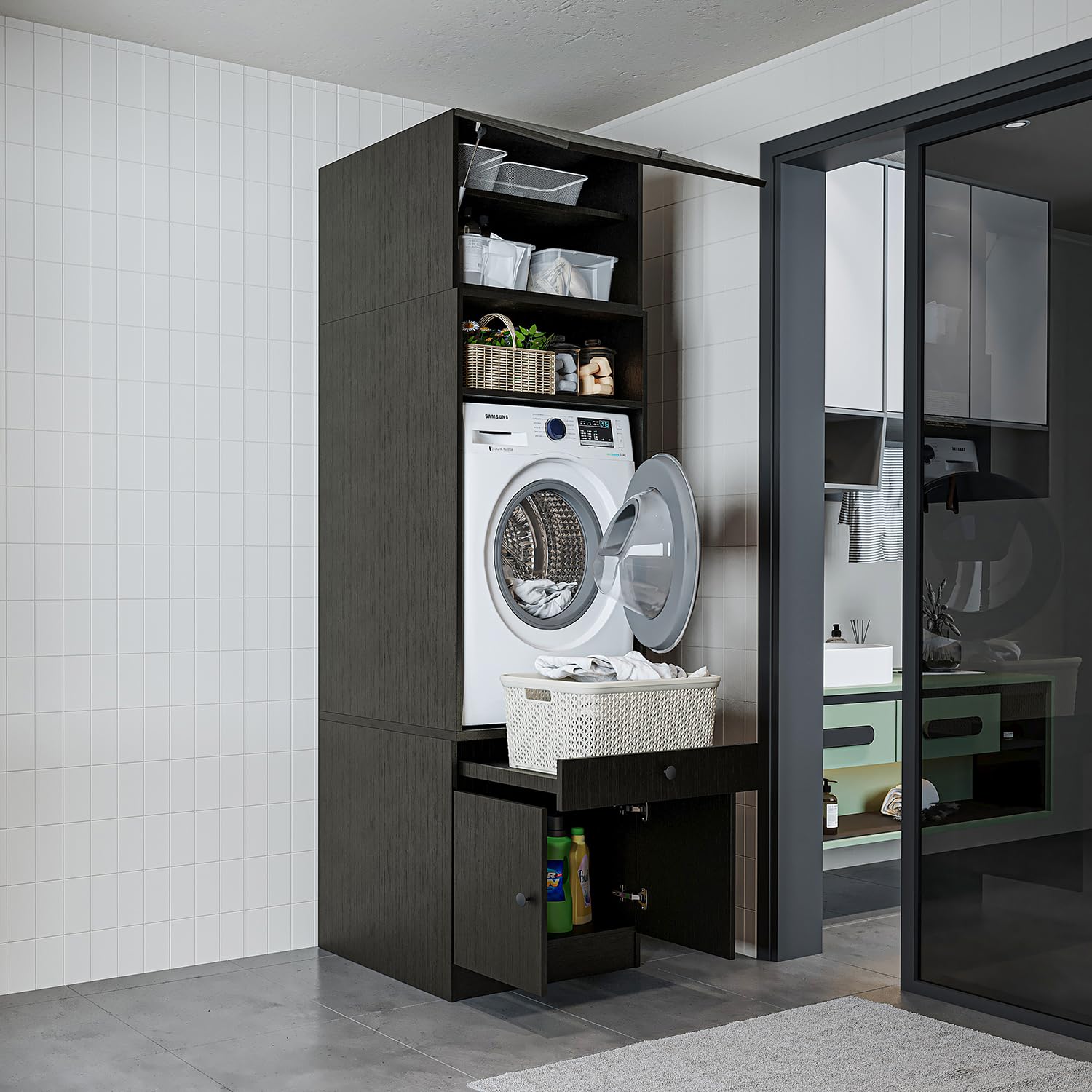 roomart-waschmaschinenschrank-waschturm-230-cm-schwarz-eiche-mit-ausziehplatte-s image 1