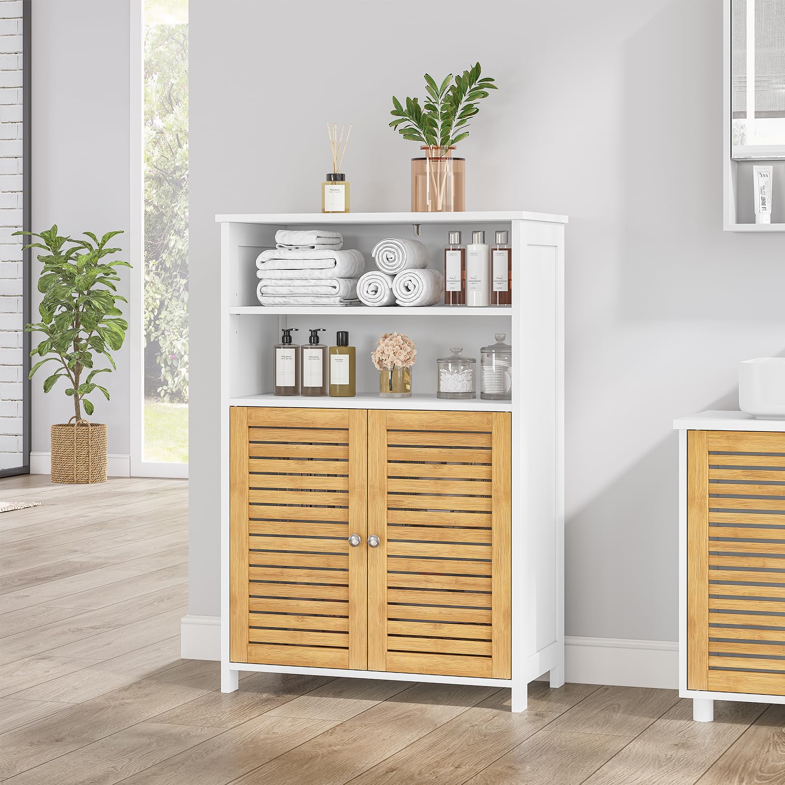 forabamb-badezimmerschrank-mit-doppelt-ren-aus-bambus-2-offene-f-cher-60x30x100- image 2