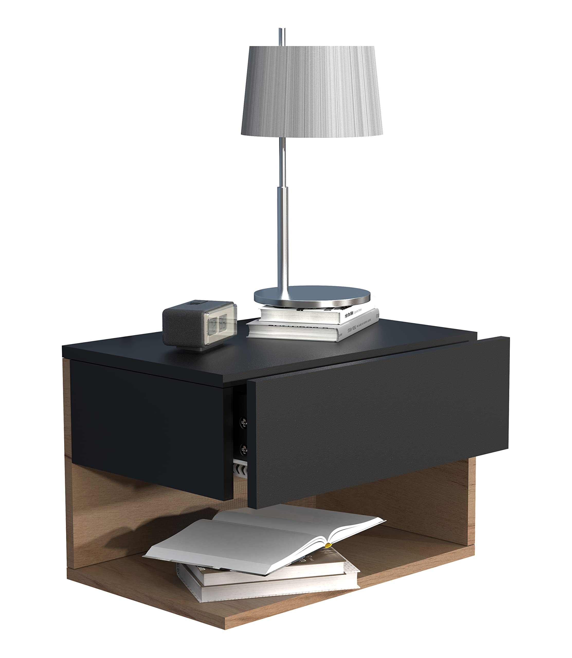 vcm-nachttisch-schwarz-honig-eiche-45x32x30-cm-1-schublade-1-fach-wandmontage image 1
