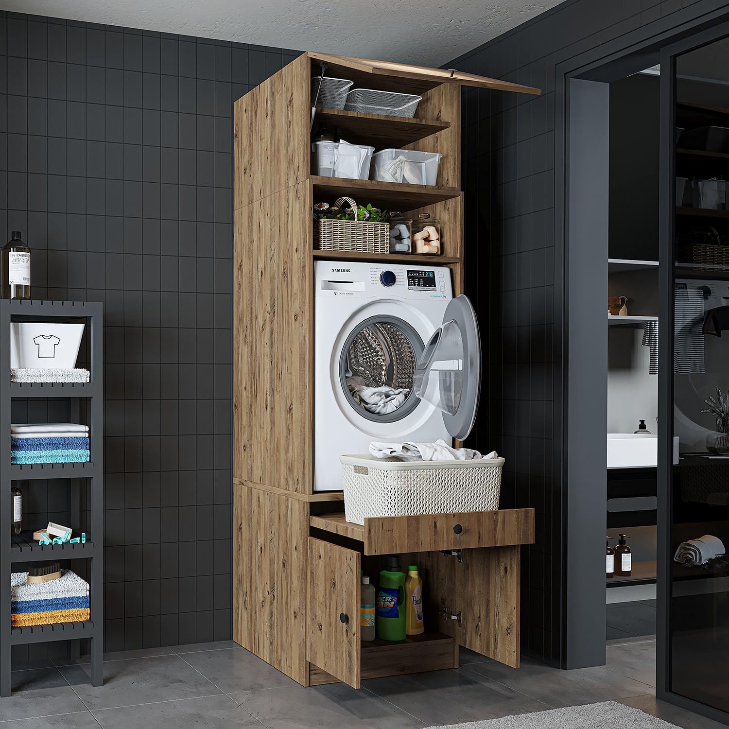 roomart-waschmaschinenschrank-waschturm-230-cm-schwarz-eiche-mit-ausziehplatte-s image 7