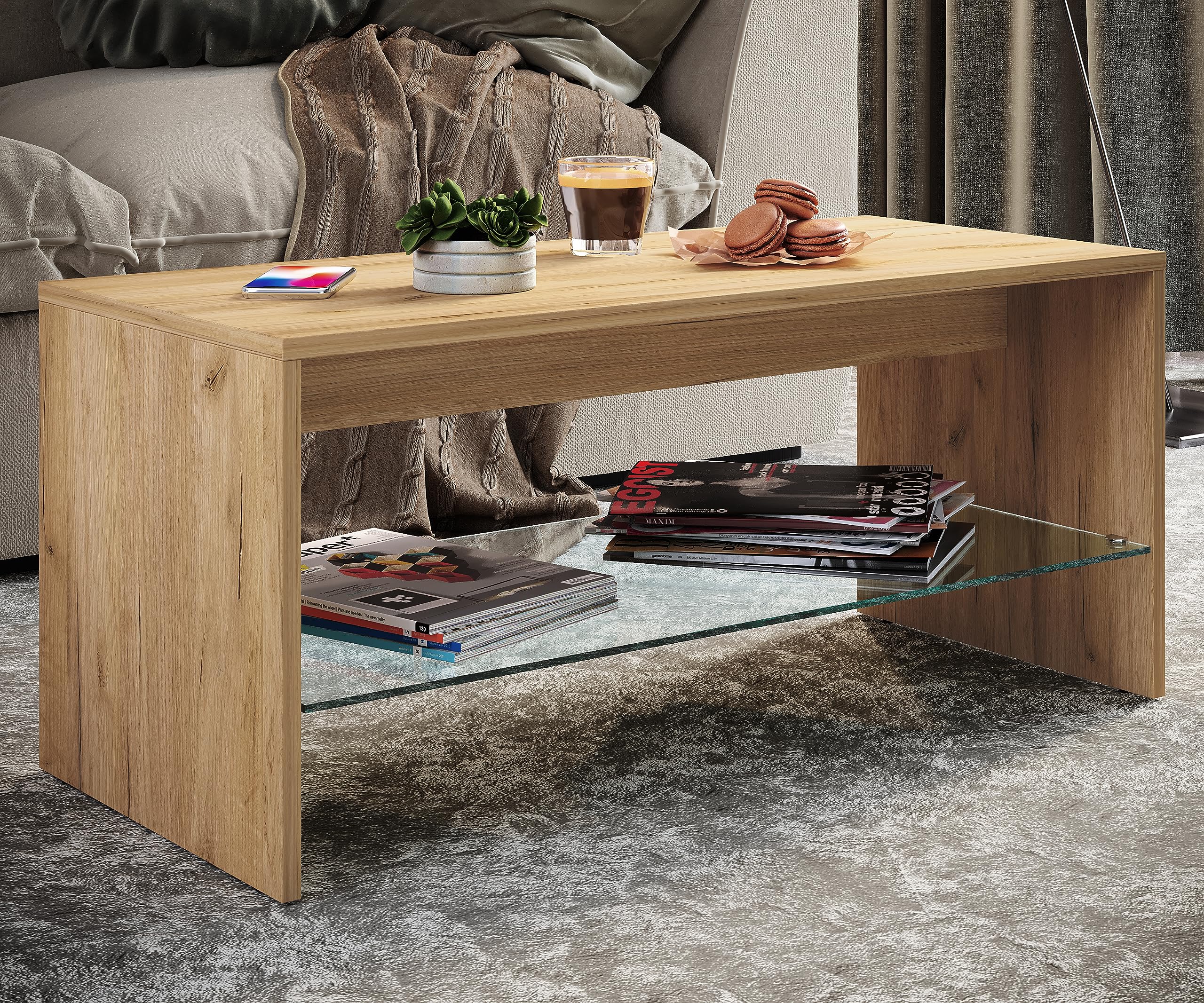 vcm-couchtisch-honig-eiche-90x40x40-cm-1-glasfach-holzwerkstoff-wohnzimmer image 2