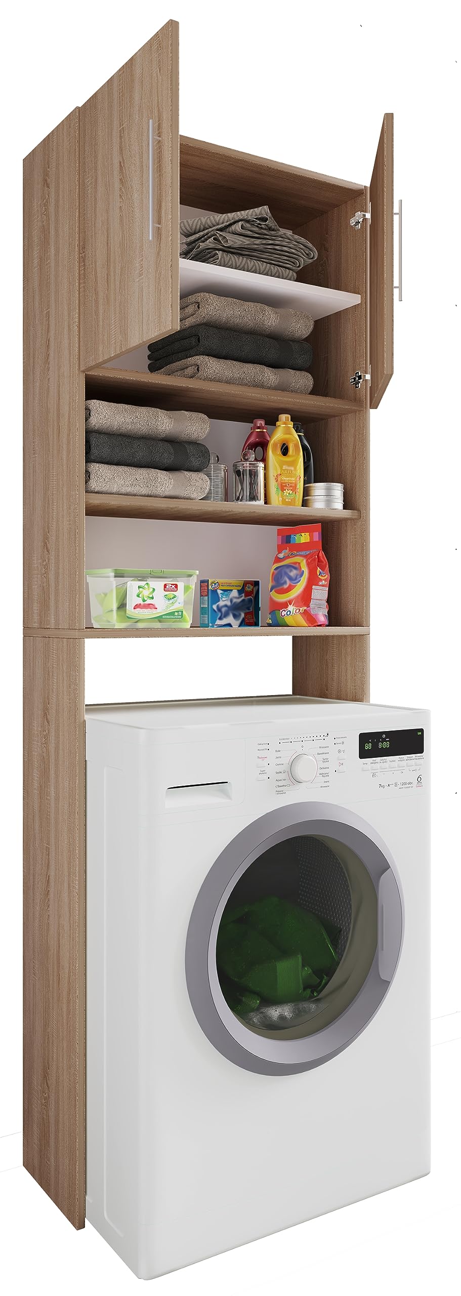 vcm-badm-bel-waschmaschinenschrank-wei-honig-eiche-64x25x190-cm-2-t-ren-5-f-cher image 6