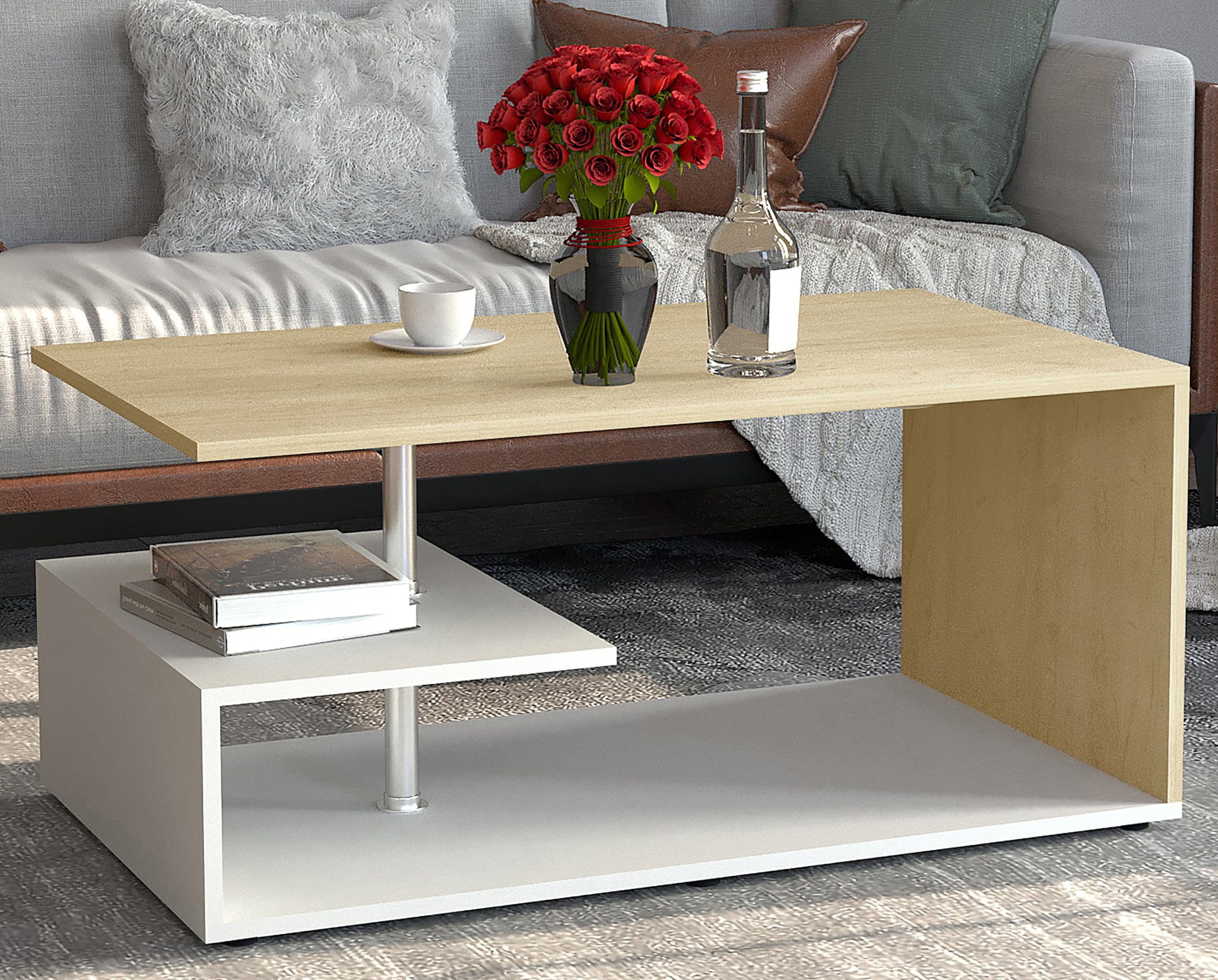 vcm-couchtisch-wei-honig-eiche-91x53x42-cm-2-f-cher-holzwerkstoff-wohnzimmer image 2