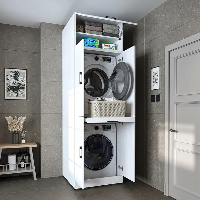 ROOMART Waschmaschinenschrank Dora – Waschturm für Trockner & Waschmaschine, 230 cm, Weiß, mit Türen & Ausziehbrett