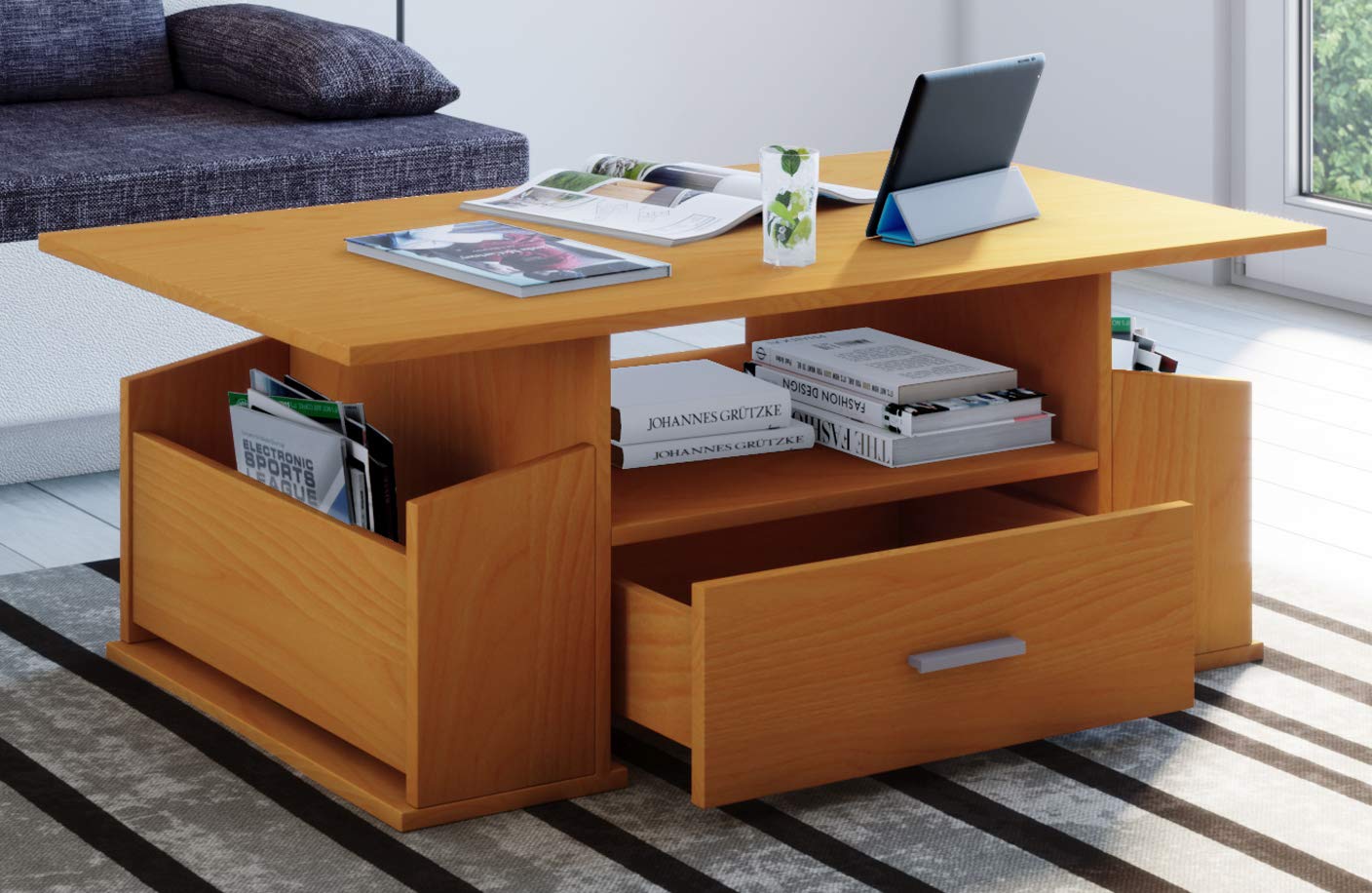 vcm-couchtisch-buche-110x52x44-cm-3-f-cher-1-schublade-holzwerkstoff image 2