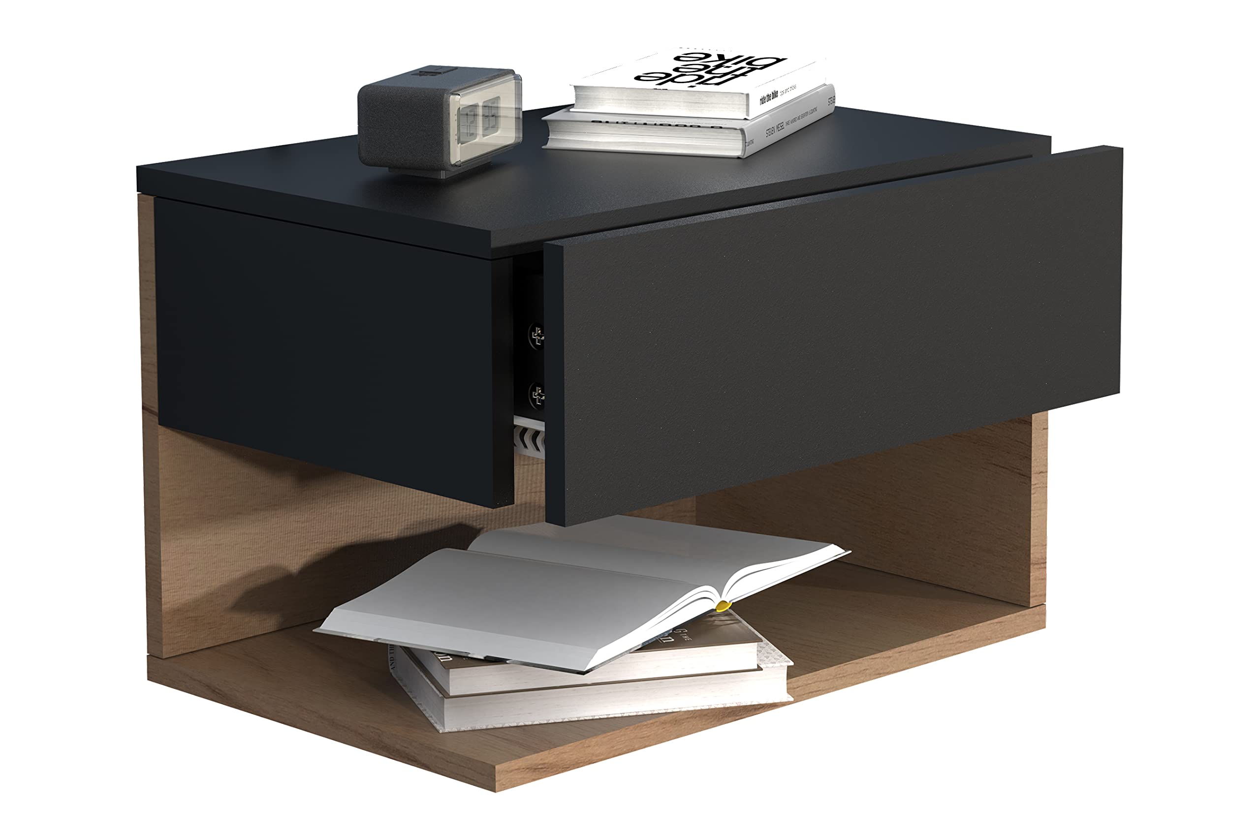 vcm-nachttisch-schwarz-honig-eiche-45x32x30-cm-1-schublade-1-fach-wandmontage image 4