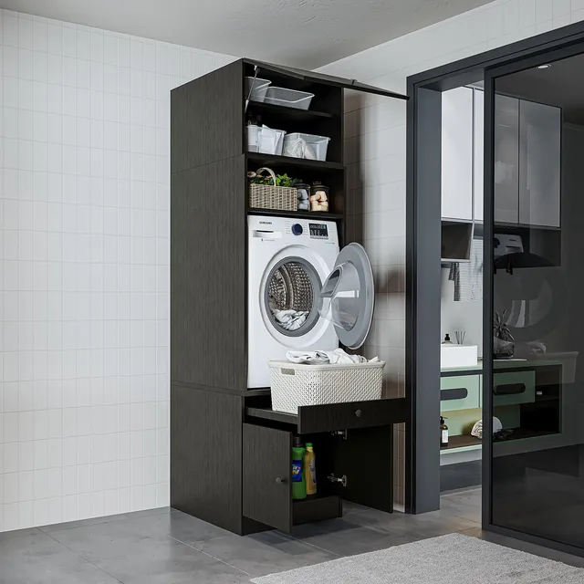 roomart-waschmaschinenschrank-waschturm-230-cm-schwarz-eiche-mit-ausziehplatte-s image 1