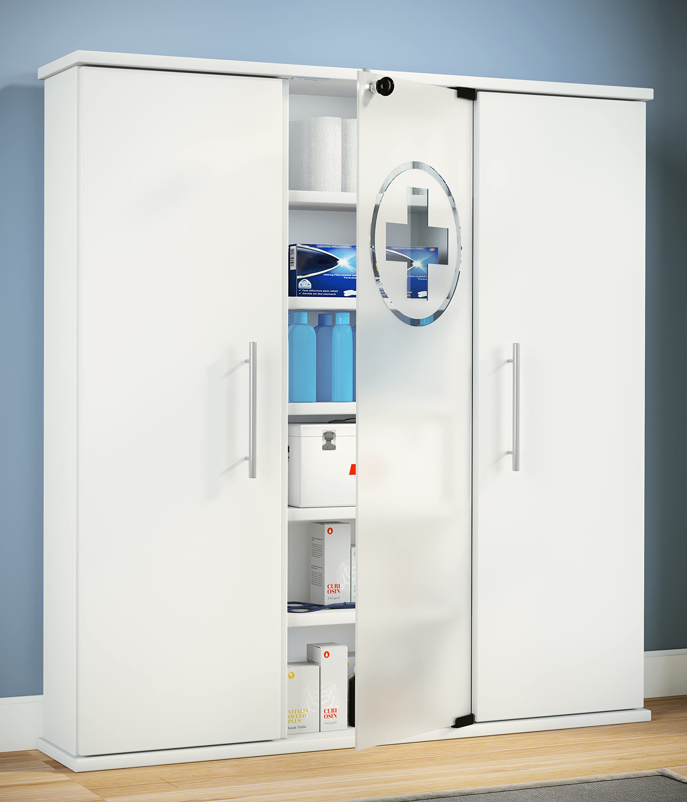 vcm-medizinschrank-wei-88x18x92-cm-3-t-ren-davon-1-abschlie-bare-glast-r-18-f-ch image 2