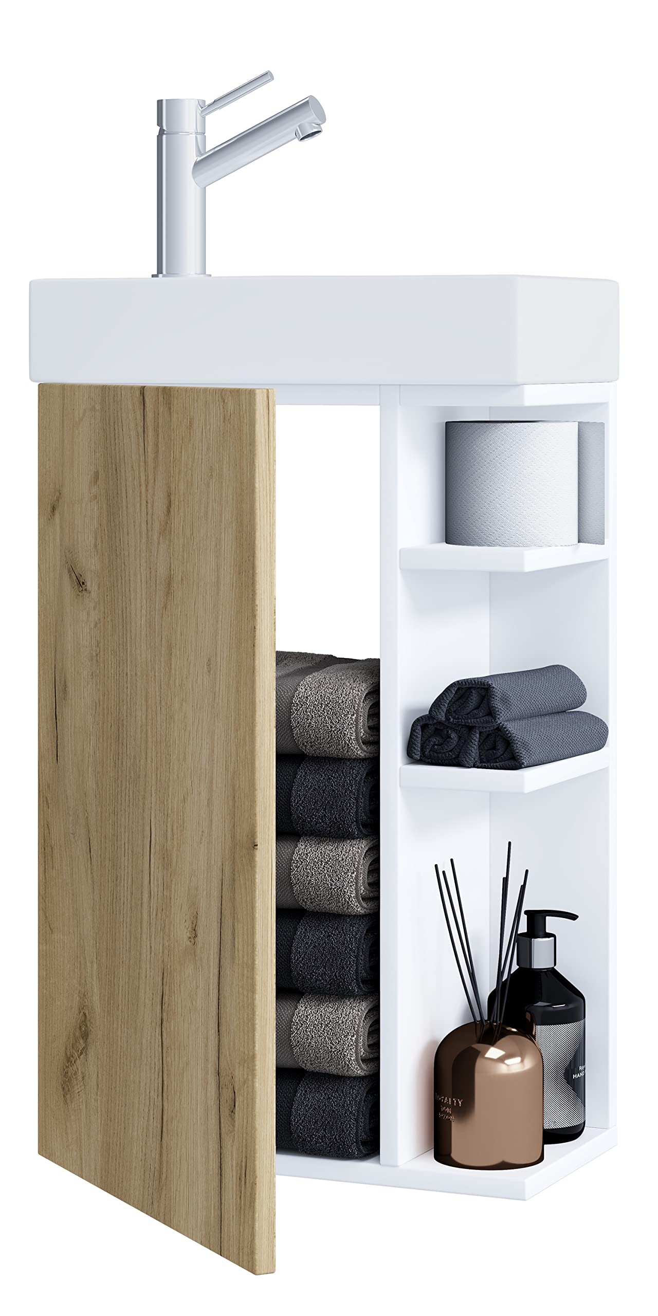 vcm-waschtisch-wei-honig-eiche-40x70-cm-1-t-r-4-f-cher-mit-keramikwaschbecken image 1