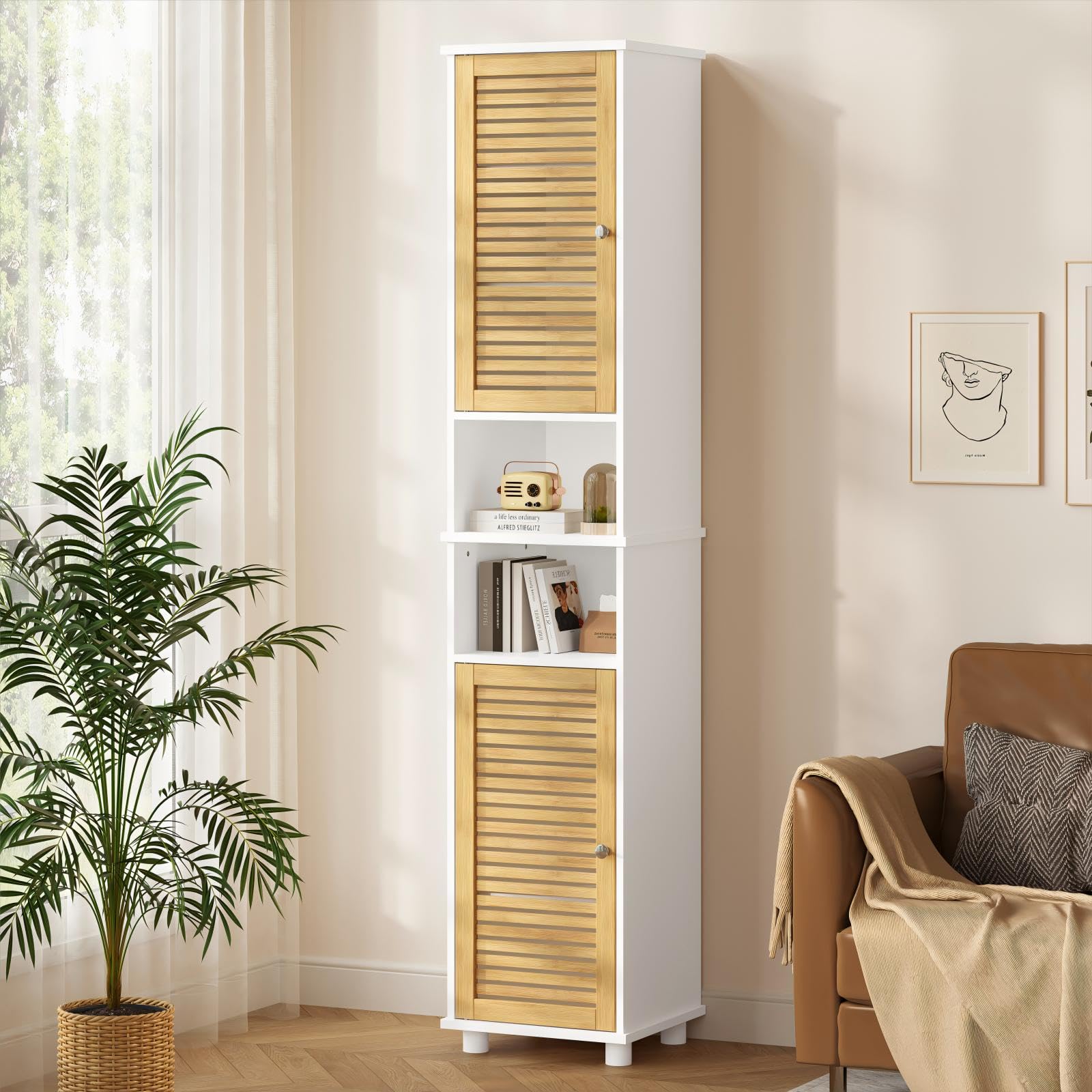forabamb-badezimmer-hochschrank-badschrank-mit-2-bambust-ren-2-offenen-f-chern-3 image 8