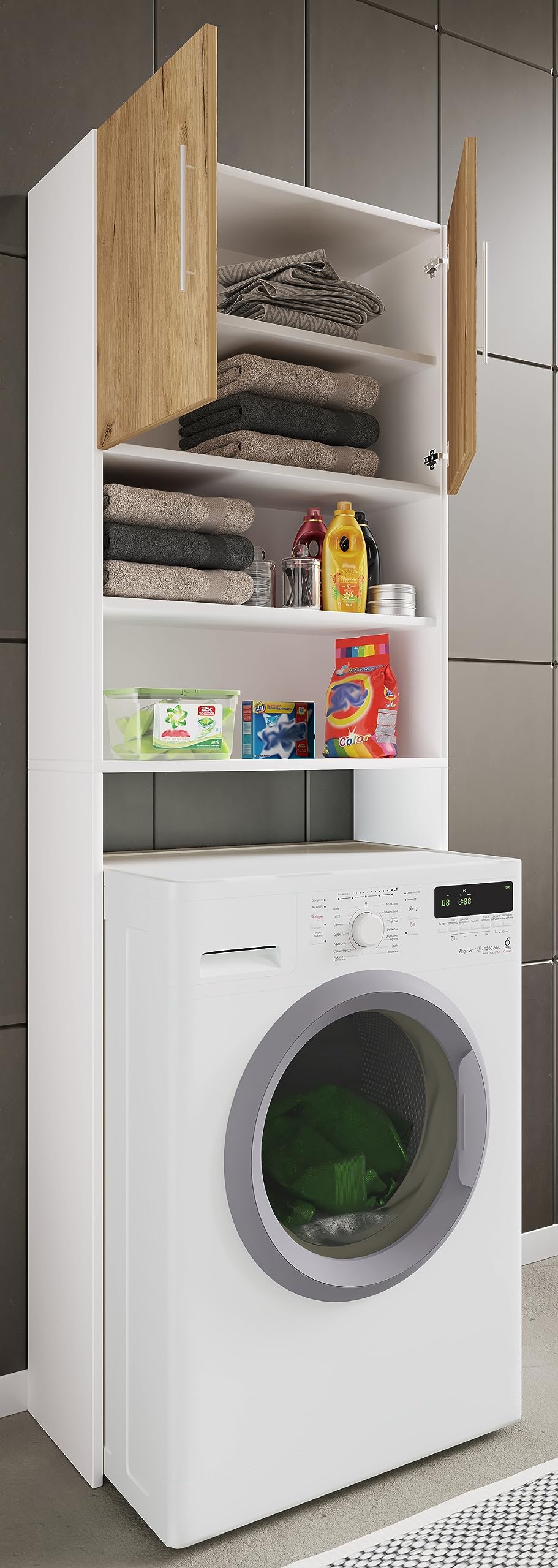 vcm-badm-bel-waschmaschinenschrank-wei-honig-eiche-64x25x190-cm-2-t-ren-5-f-cher image 2