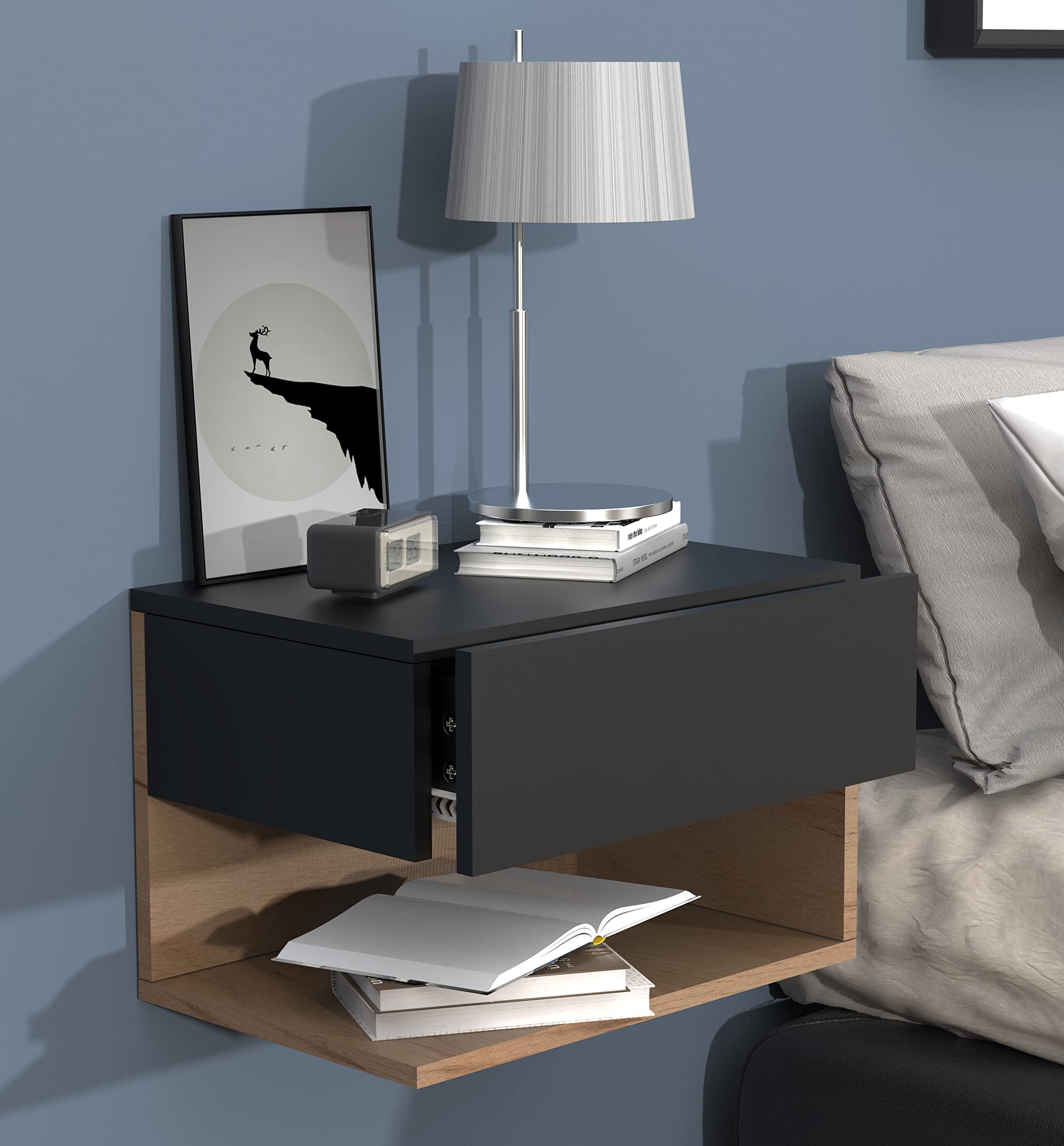 vcm-nachttisch-schwarz-honig-eiche-45x32x30-cm-1-schublade-1-fach-wandmontage image 2