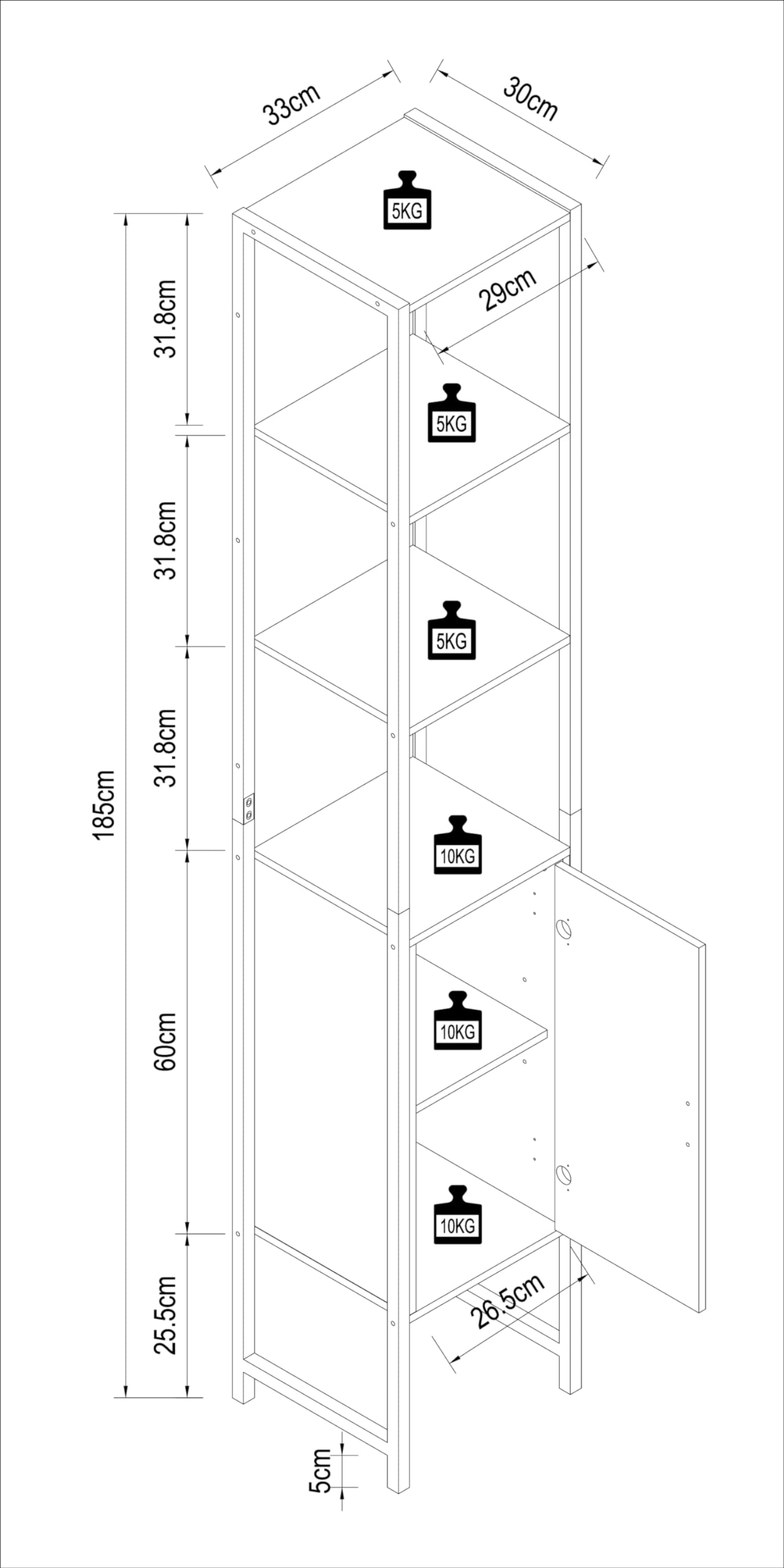 vcm-edino-badm-bel-hochschrank-honig-eiche-33x30x185-cm-1-t-r-5-f-cher-industria image 3