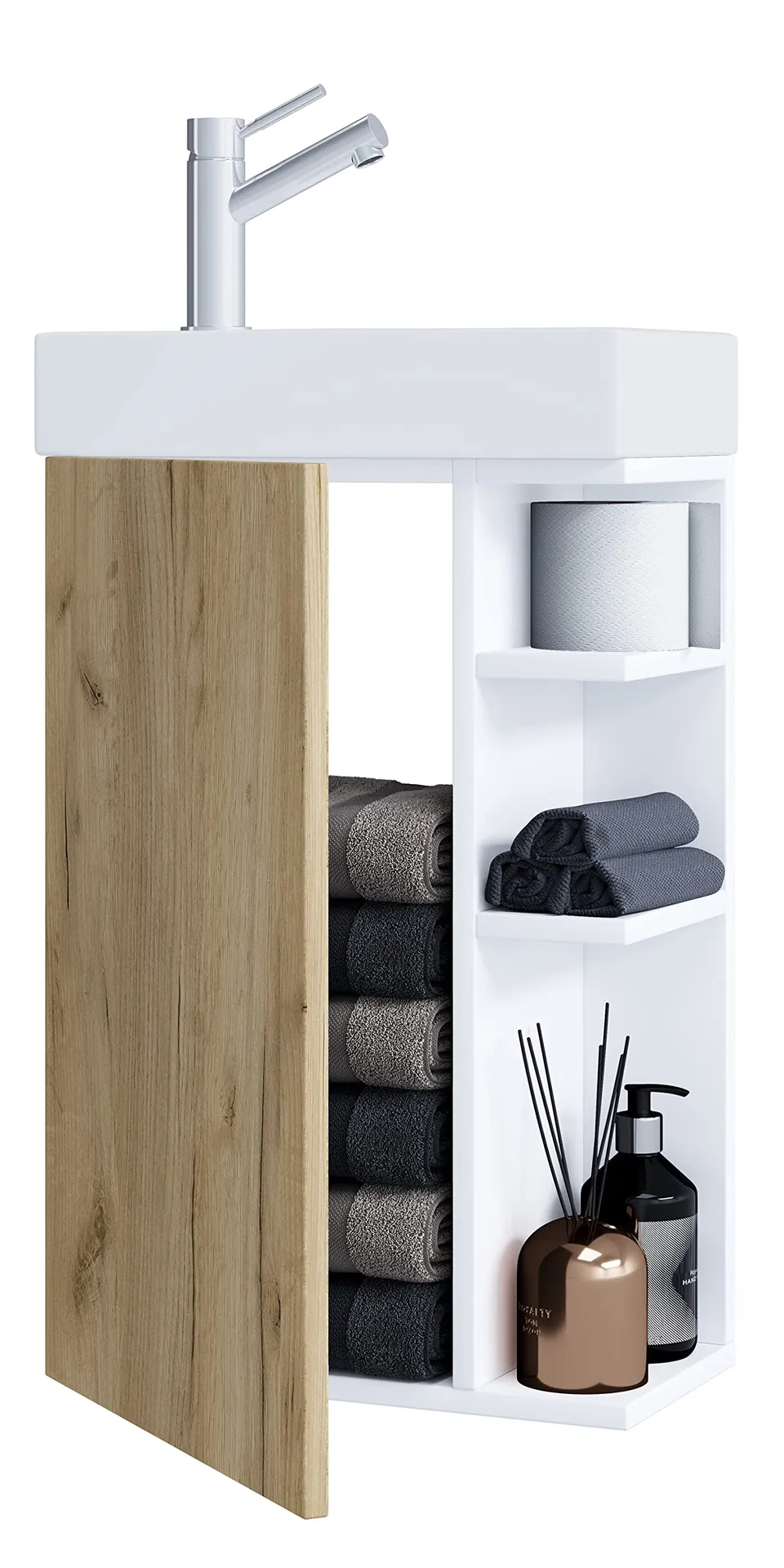 vcm-waschtisch-wei-honig-eiche-40x70-cm-1-t-r-4-f-cher-mit-keramikwaschbecken image 1