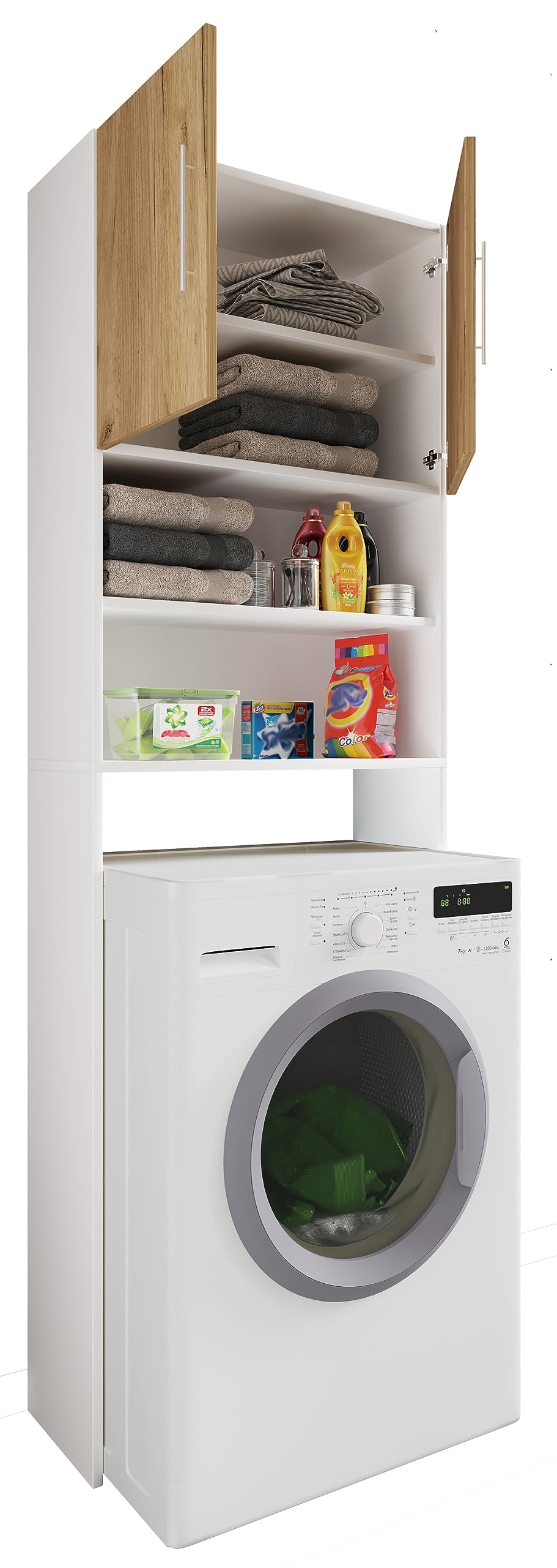 vcm-badm-bel-waschmaschinenschrank-wei-honig-eiche-64x25x190-cm-2-t-ren-5-f-cher image 1