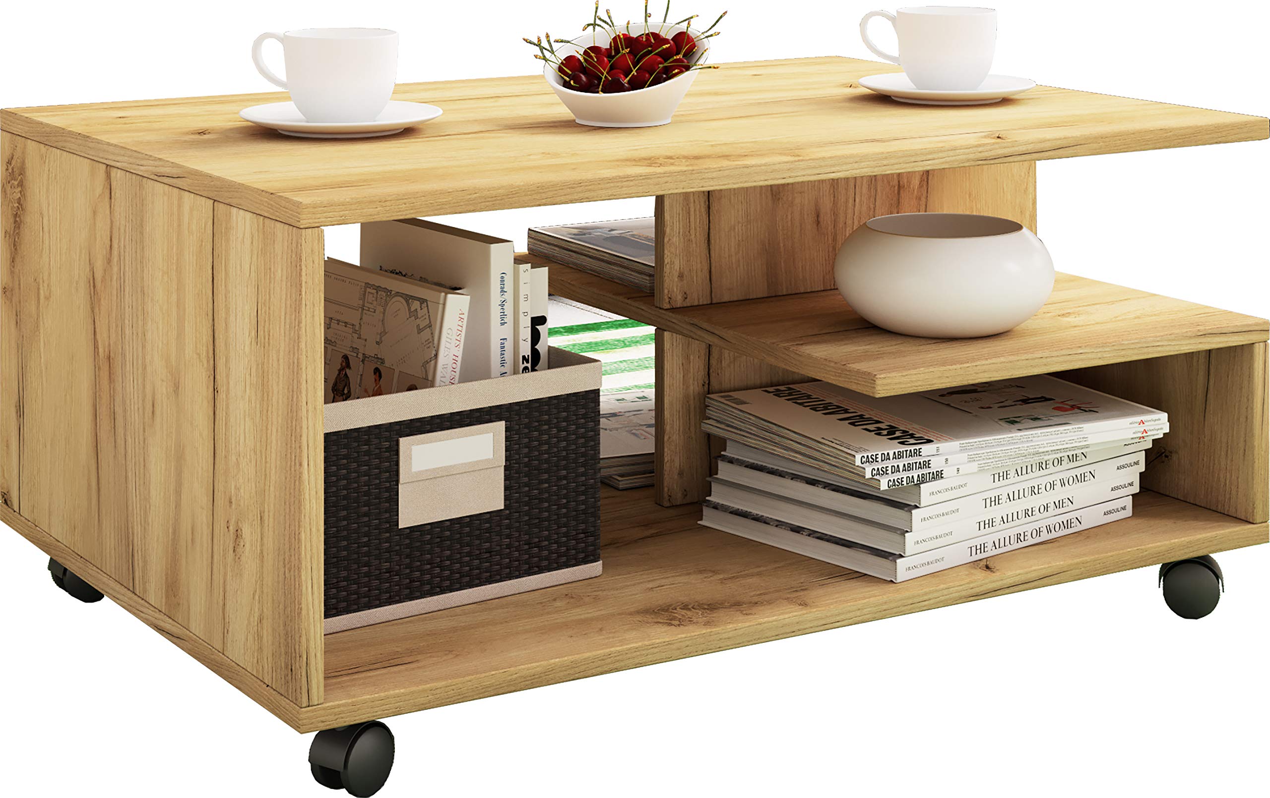 vcm-couchtisch-honig-eiche-80x50x41-cm-sofatisch-mit-5-offenen-f-chern-aus-holzw image 1