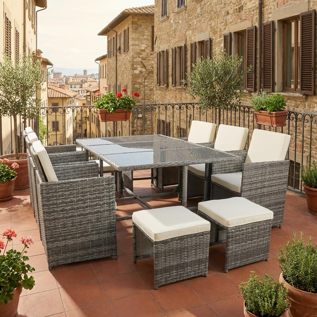 vcm-raloso-9-teiliges-gartenm-bel-set-rattan-1-tisch-6-st-hle-2-hocker-glasplatt image 6