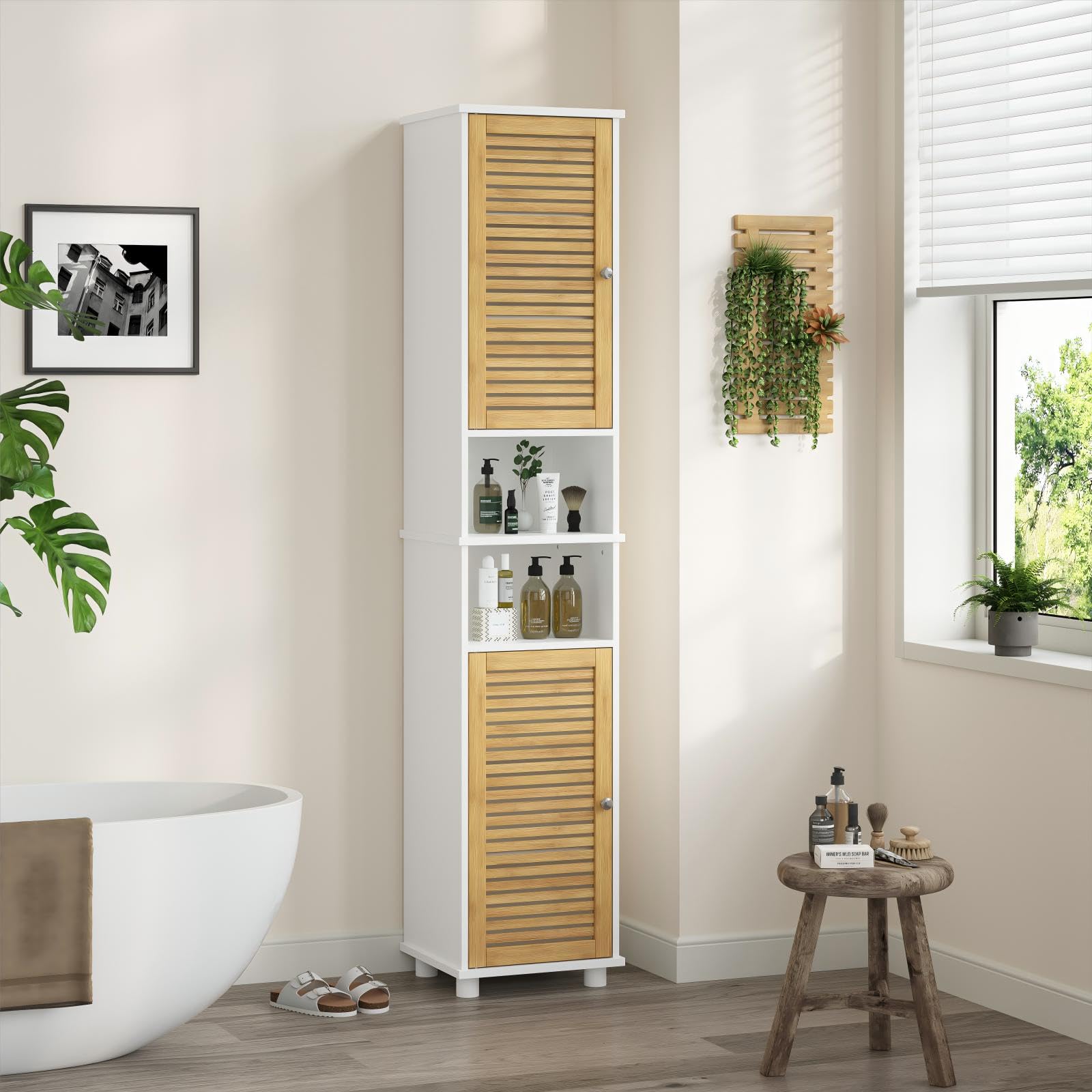 forabamb-badezimmer-hochschrank-badschrank-mit-2-bambust-ren-2-offenen-f-chern-3 image 4