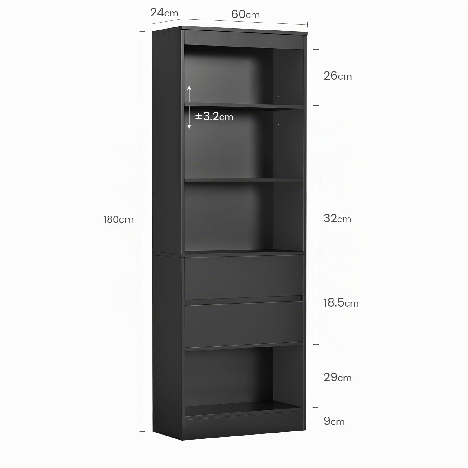 forabamb-b-cherregal-schwarz-180x60x24-cm-hochschrank-mit-2-schubladen-und-4-ver image 3